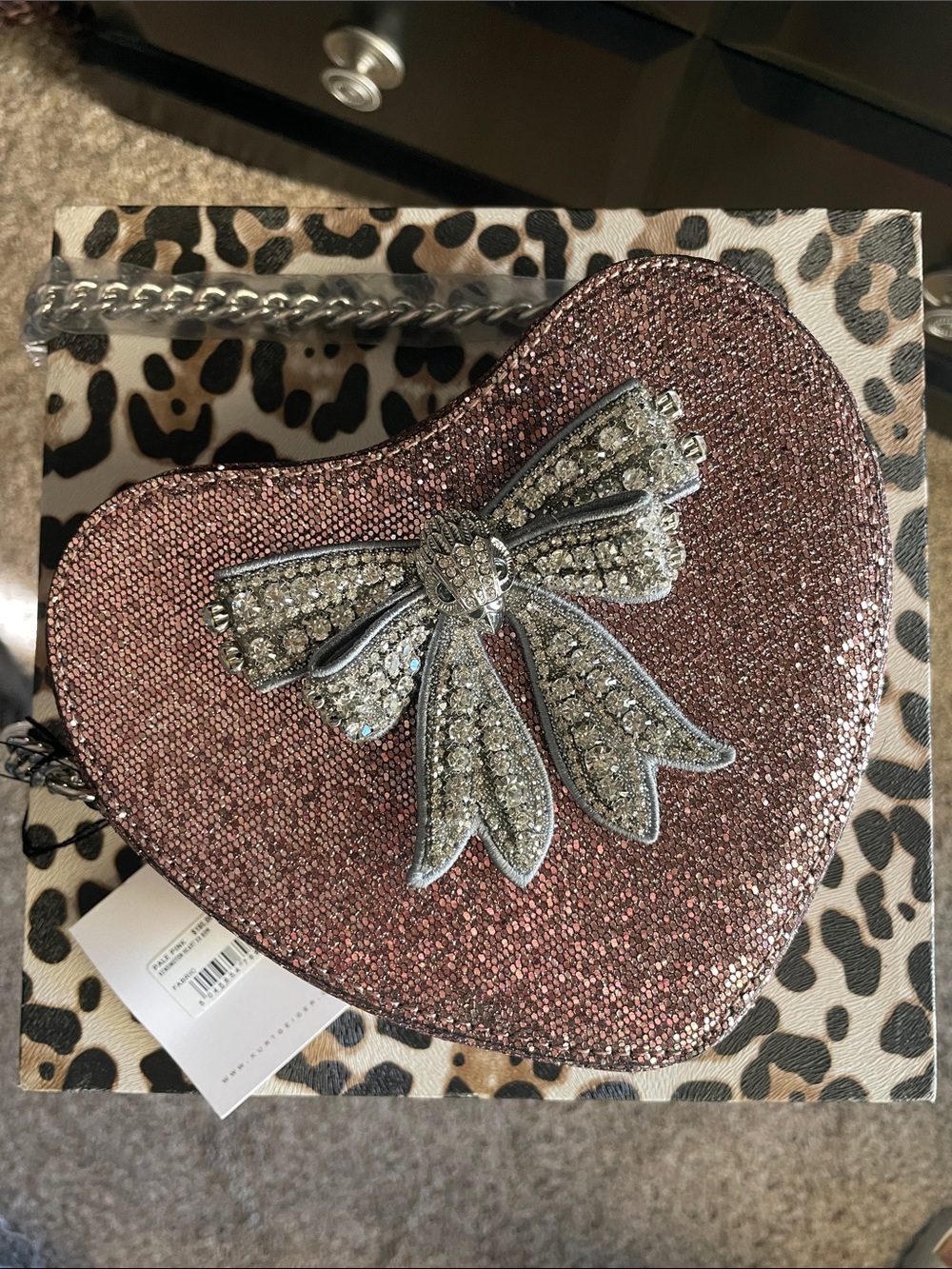 Kurt Geiger Rose Pink Glitter Heart Crossbody with Crystal Bow